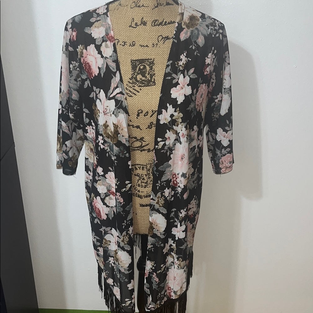 Floral Kimono Cardigan with Fringe